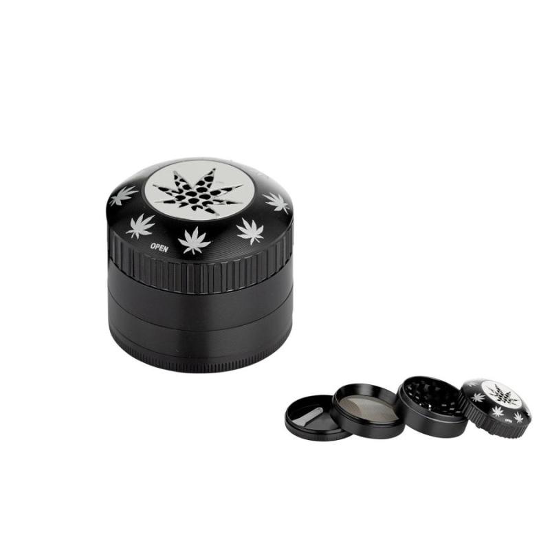 Alu Grinder 4-pièces 50mm Hanfblatt Schwarz KC Import