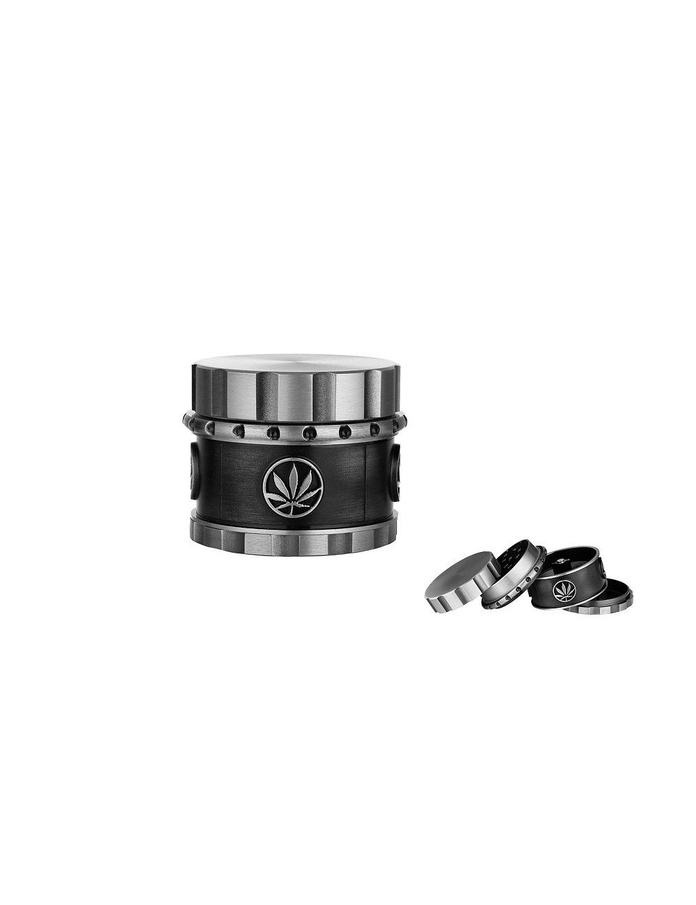Alu Grinder 4-pièces 50mm Feuille Cannabis Argenté/Noir