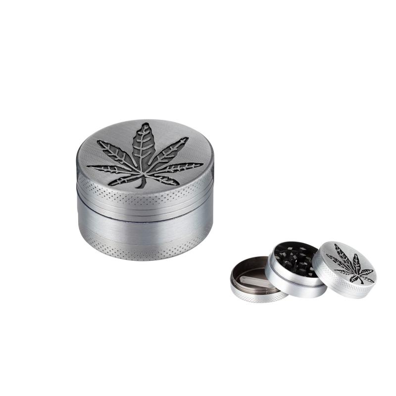 Alu Grinder 3-pièces 40mm Hanfblatt Silber KC Import