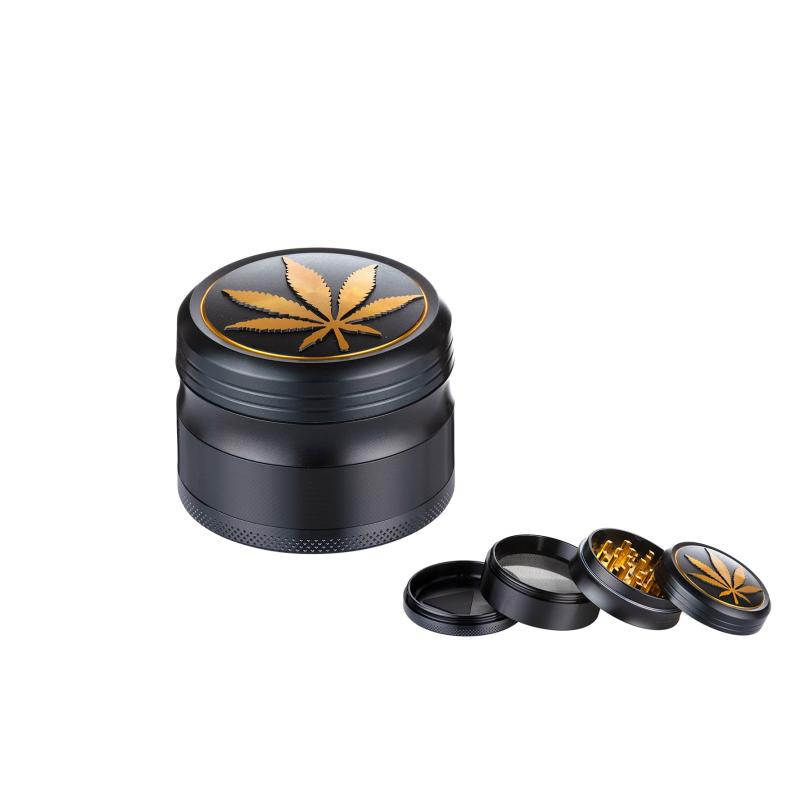 Alu Grinder 4-pièces 60mm Hanfblatt Schwarz/Gold KC Import