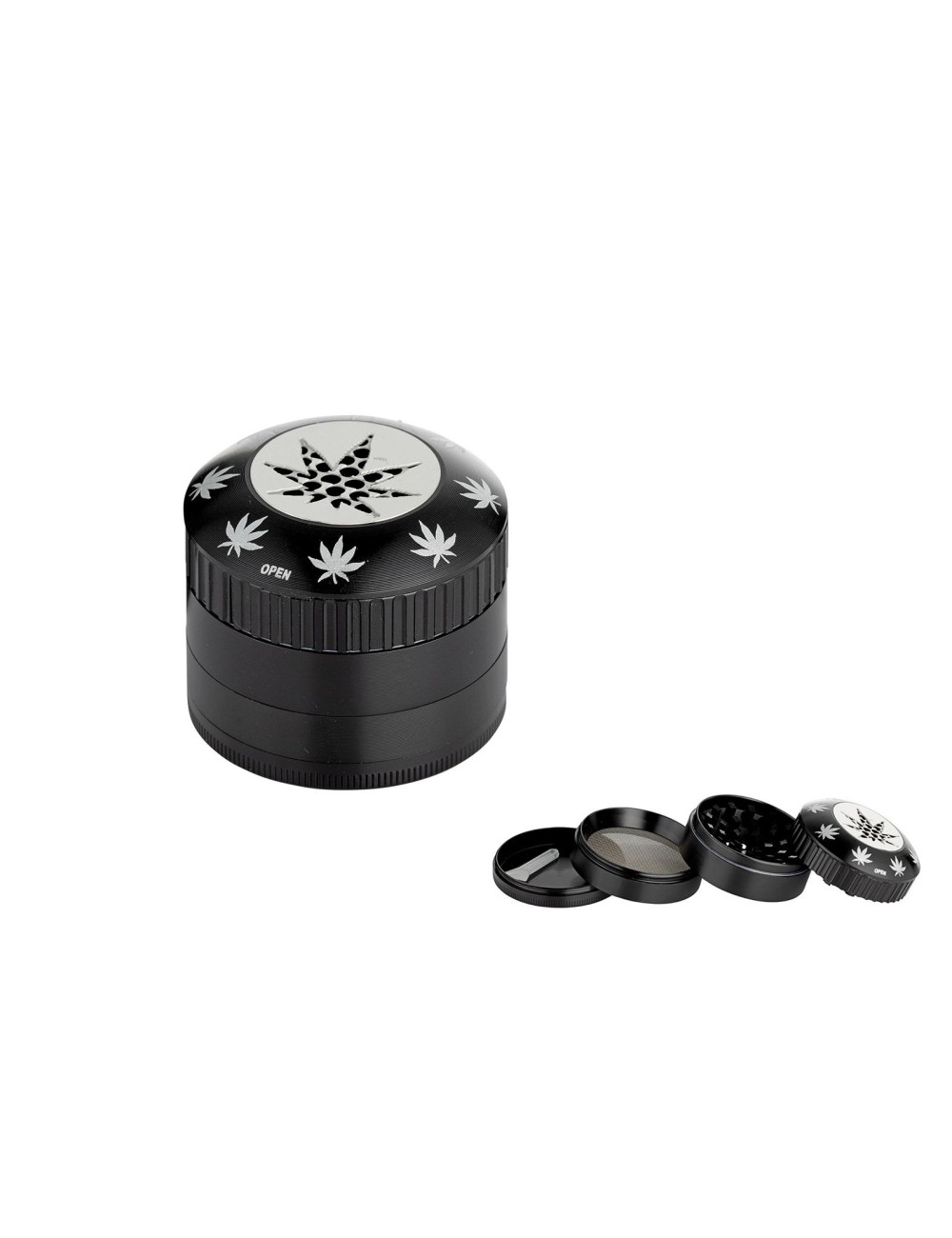 Alu Grinder 4-pièces 50mm Feuille Cannabis Noir