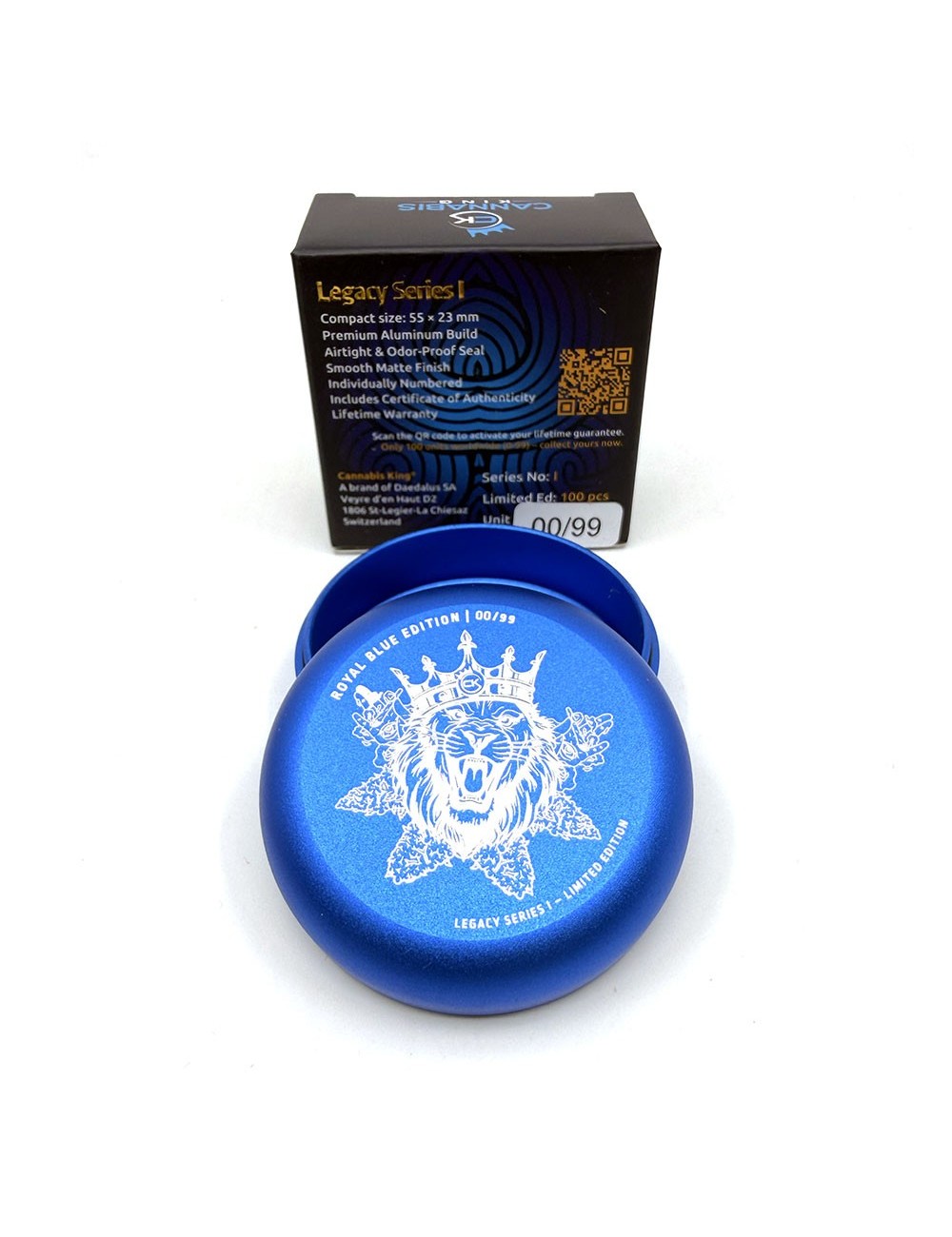 Premium Stash Box Mini — Cannabis King — Collector Edition 2026 — Lion King — Bleu — 5.5x2.3cm
